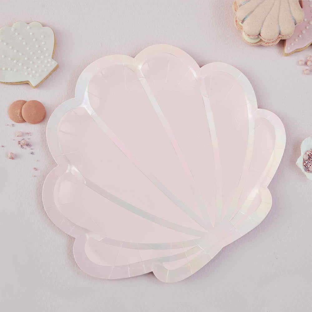 Mermaid Paper Plates Shell Shaped Pink & Iridescent